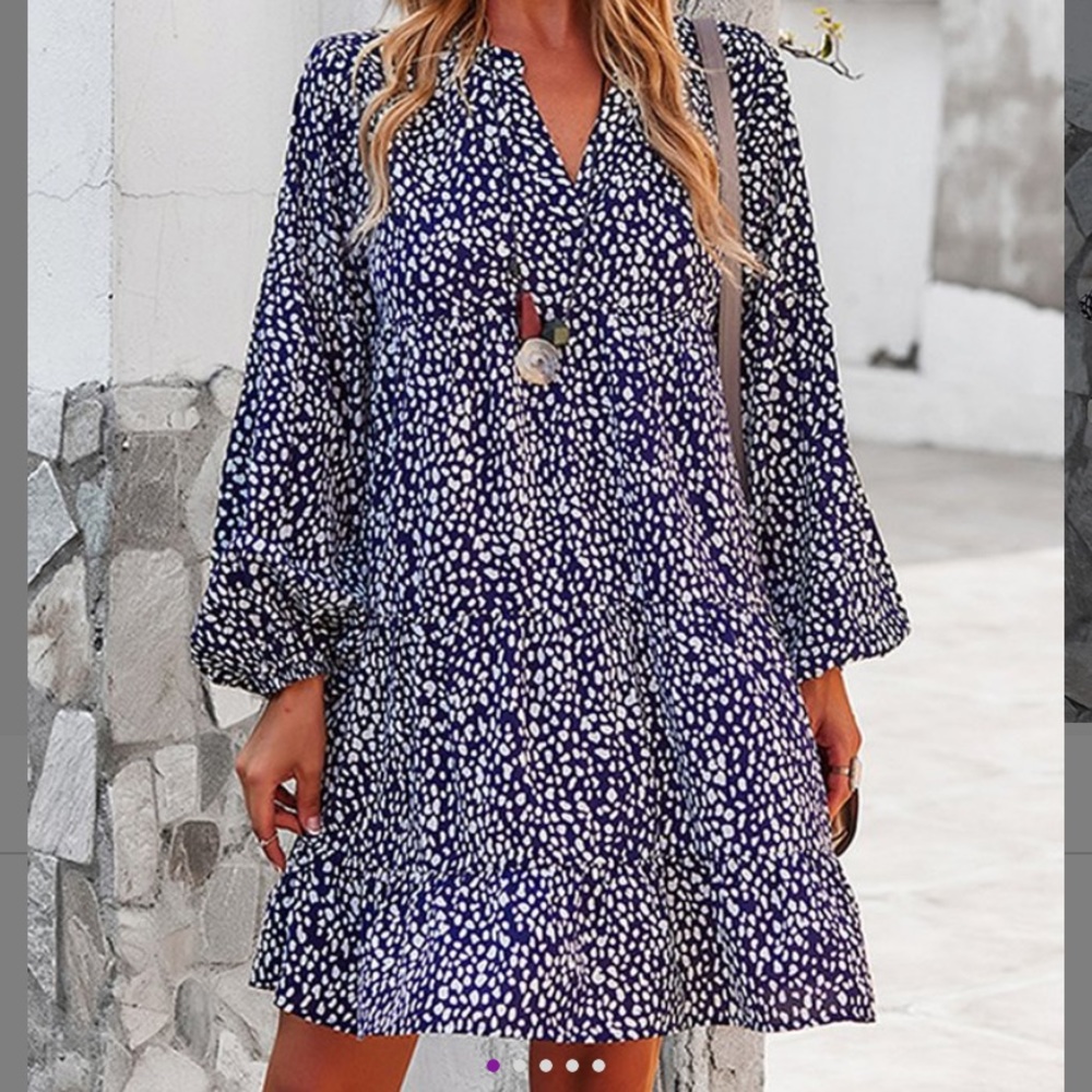 Gaovot Navy Leopard Puff Sleeve V Neck Dress